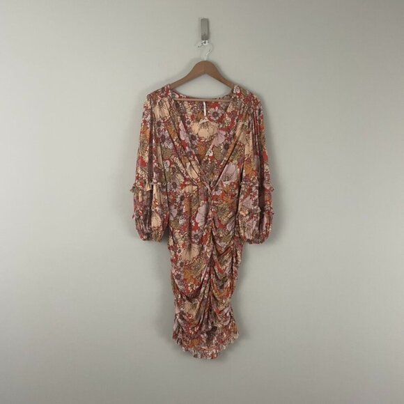 Free People Under Wraps Ruched Boho Floral Mini Dress Size 12 - Picture 1 of 9